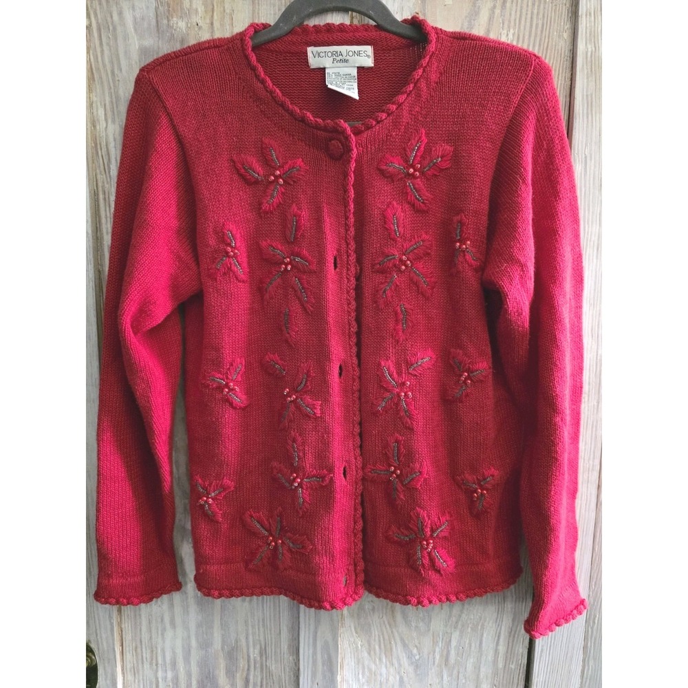 Victoria Jones Petite Red Beaded Embroidered Cardigan Sweater PS Vintage - Picture 2 of 12